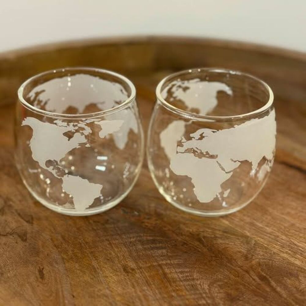 Etched World Map Stemless Wine Glasses - Set of 2
